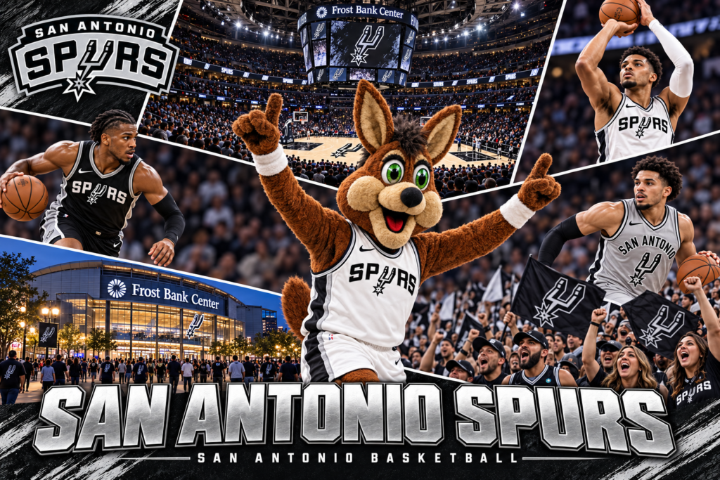 San Antonio Spurs collage featuring the Coyote mascot, basketball players, Frost Bank Center, and cheering fans.