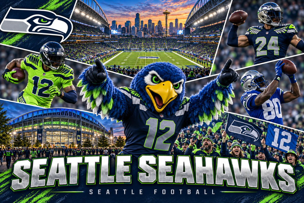 Seattle Seahawks collage featuring Lumen Field, the team mascot, fans, and home, Action Green, and throwback uniforms.