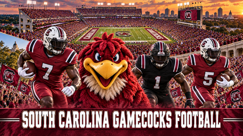 South Carolina Gamecocks football collage featuring Cocky, players in garnet and black uniforms, and Williams-Brice Stadium