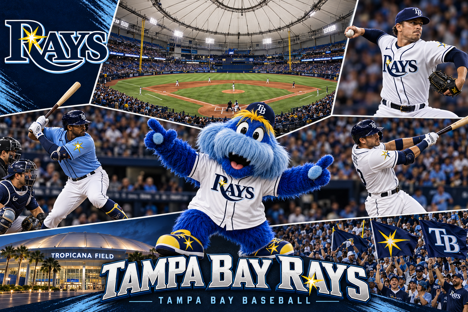 Tampa Bay Rays baseball collage featuring Raymond, Tropicana Field, and players in white home and light blue alternate uniforms.