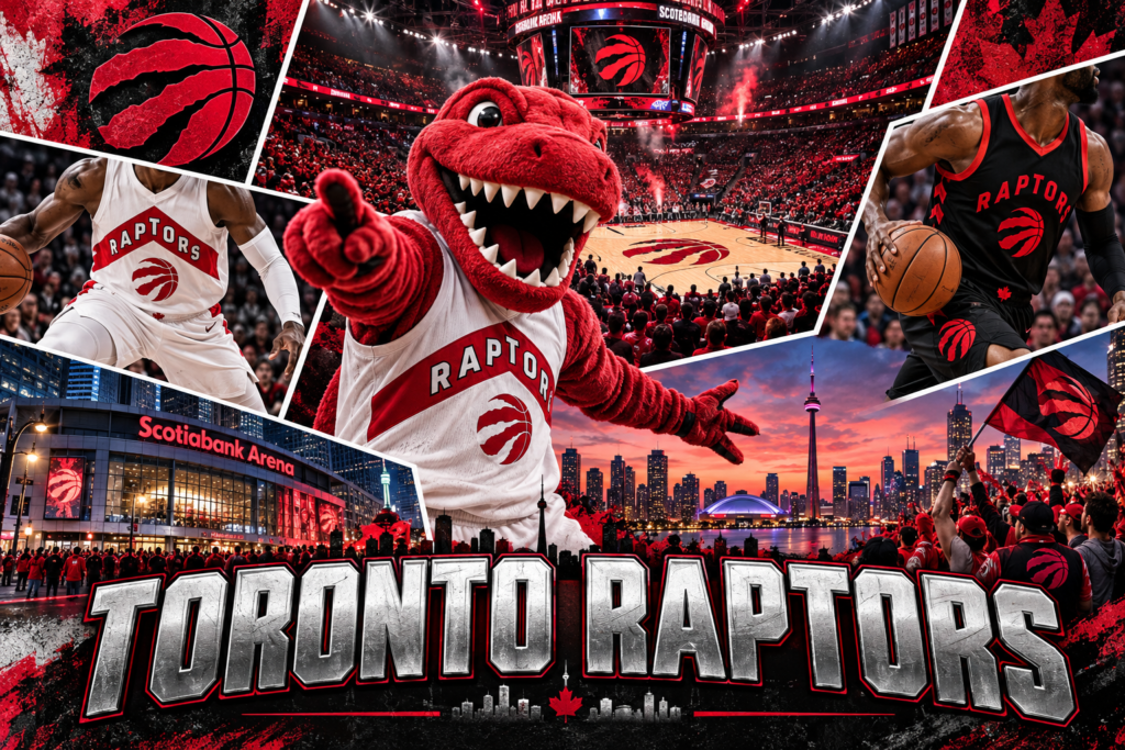 Toronto Raptors collage featuring the Raptor mascot, basketball players, Scotiabank Arena and the Toronto skyline.