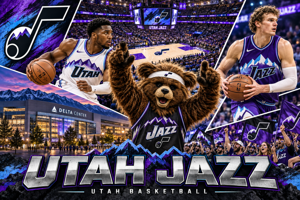 Utah Jazz collage featuring Jazz Bear, players in white and purple mountain uniforms, Delta Center and fans.