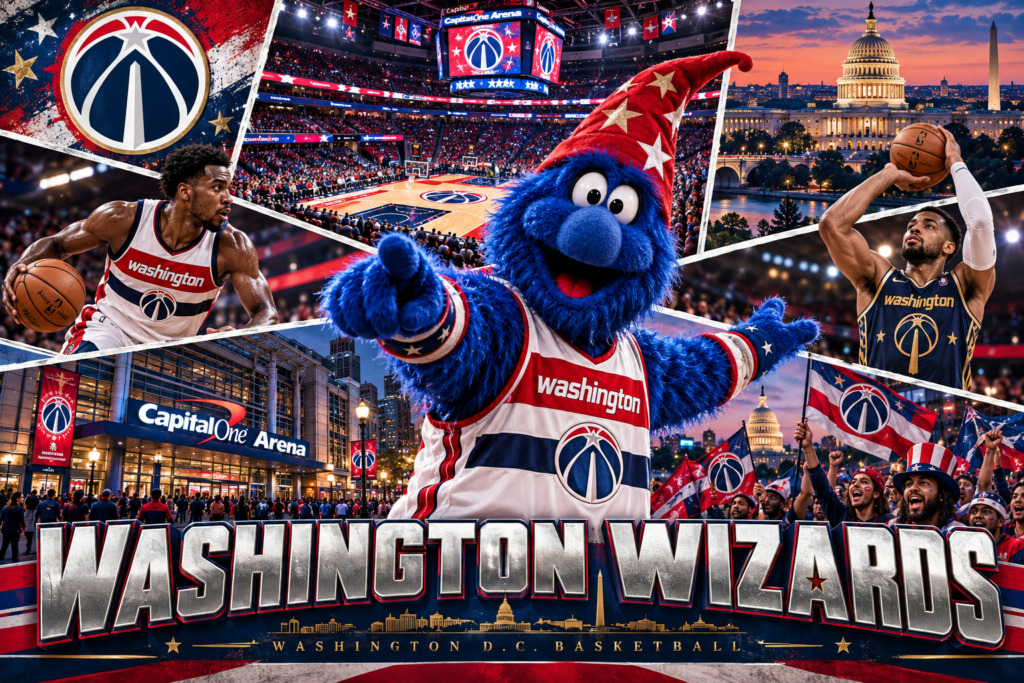 Washington Wizards collage featuring G-Wiz, basketball players, Capital One Arena and Washington landmarks.